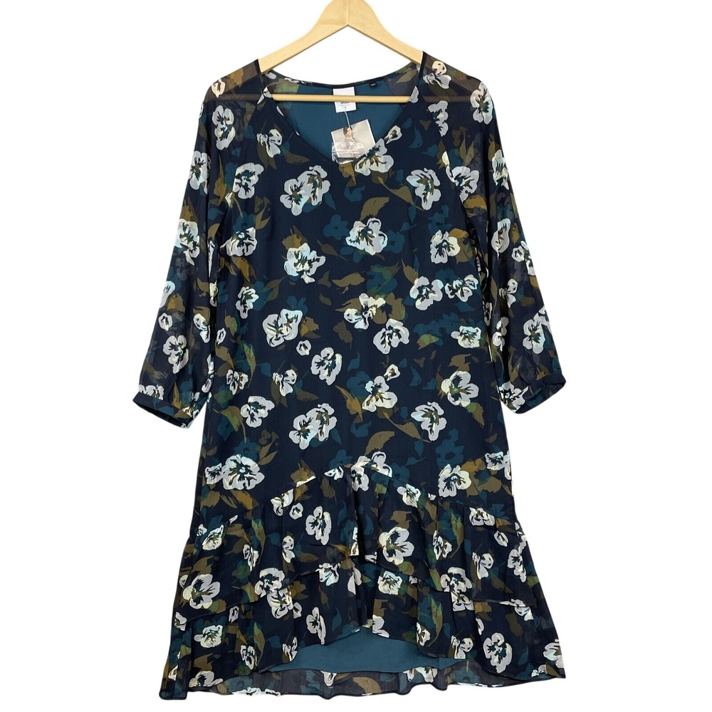 NEW Cabi Dress Womens Small Navy Blue Floral Tiered Ruffle Romantic Whimsical
